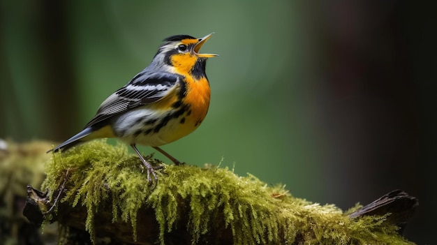 Um pássaro com uma cabeça amarela e preta e penas laranja está cantando em um galho coberto de musgo.