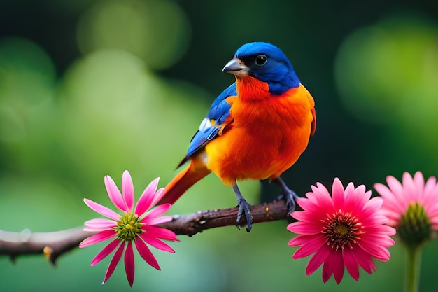 Um pássaro com uma cabeça azul brilhante e asas laranja senta-se em um galho com flores cor de rosa.