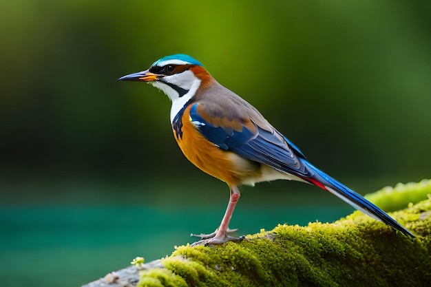 Um pássaro com uma cabeça azul e asas azuis senta-se em um tronco coberto de musgo.