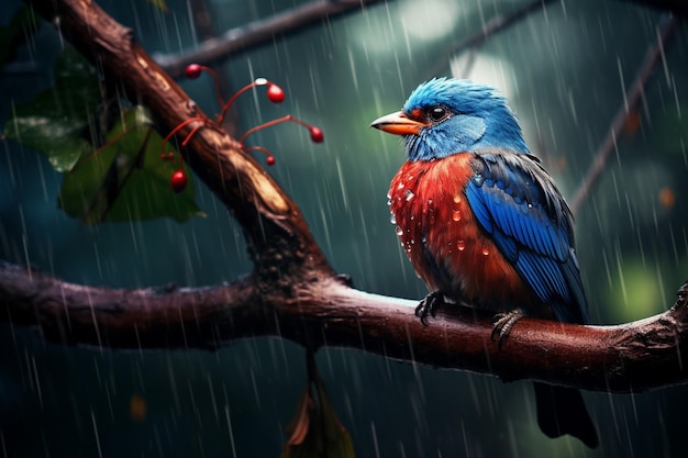 Um pássaro com uma cabeça azul e um bico vermelho senta-se em um galho na chuva