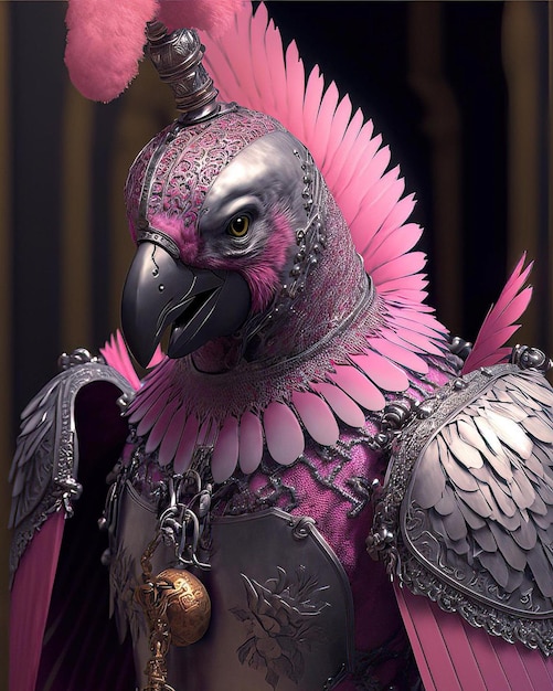 Um pássaro com uma cabeça emplumada rosa e uma corrente de ouro em volta do pescoço
