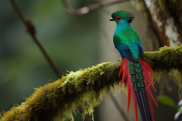 Um pássaro com uma cauda vermelha senta-se em um galho com musgo verde ao fundo.