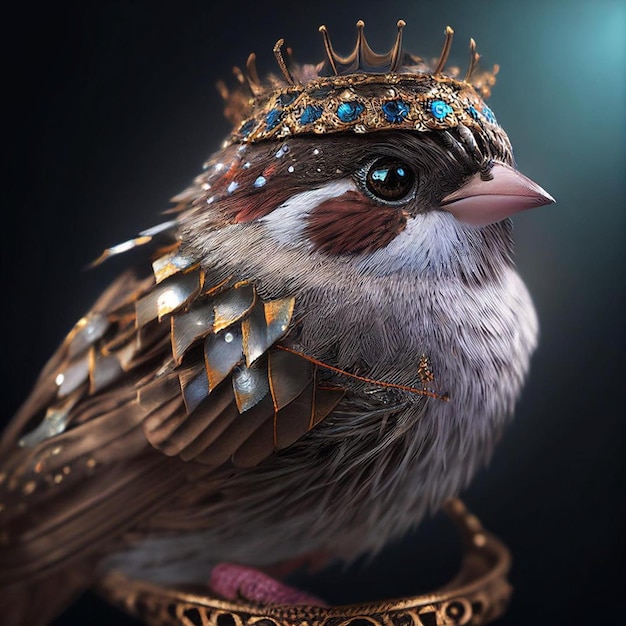 Foto um pássaro com uma coroa na cabeça está usando uma coroa de ouro.