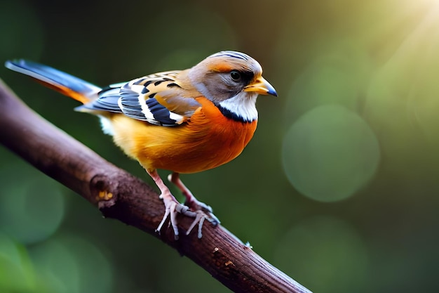 Um pássaro de cabeça preta e peito laranja está pousado em um galho.