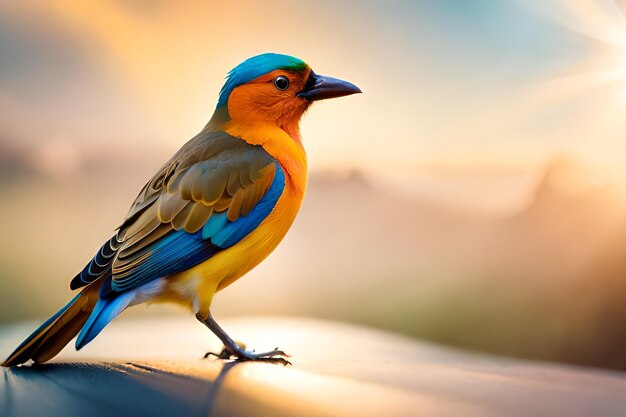 Um pássaro de corpo azul e amarelo está pousado sobre uma superfície metálica.