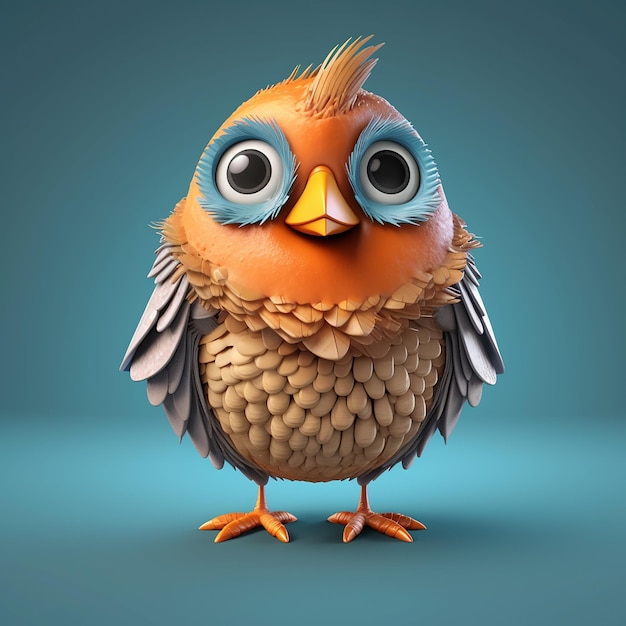 Um pássaro de desenho animado com rosto azul e penas laranja na cabeça.