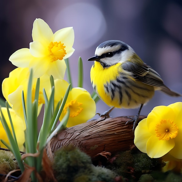 Foto um pássaro de pé em um tronco cercado de flores amarelas