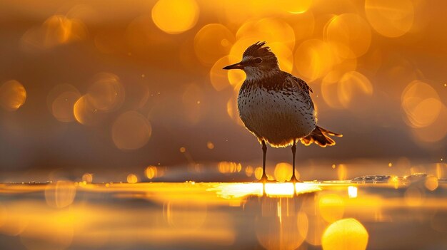 Um pássaro de pé em uma superfície plana em luz dourada
