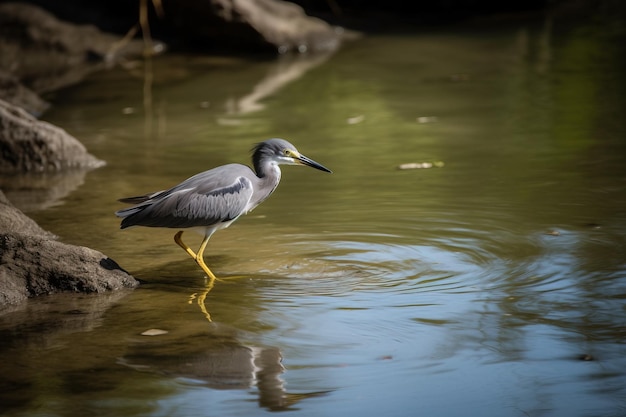 Um pássaro em pé em águas rasas caçando fis