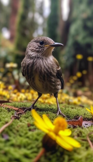 Um pássaro em pé sobre um musgo coberto de flores amarelas.