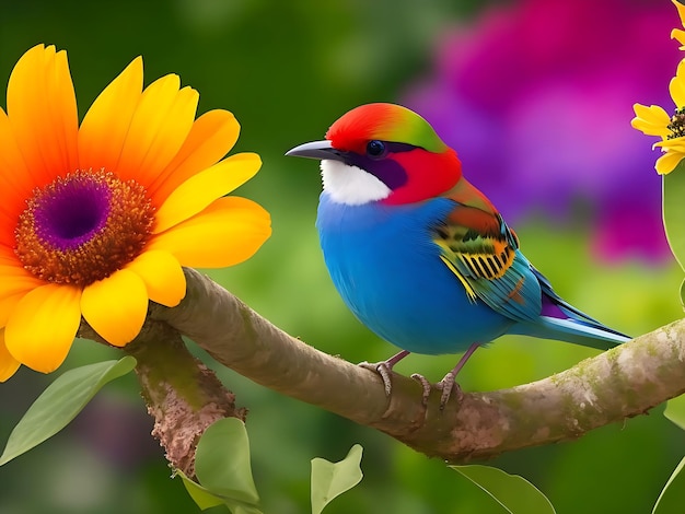 Foto um pássaro em um galho com flores