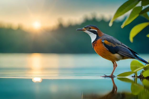 Um pássaro em um lago com o sol se pondo atrás dele