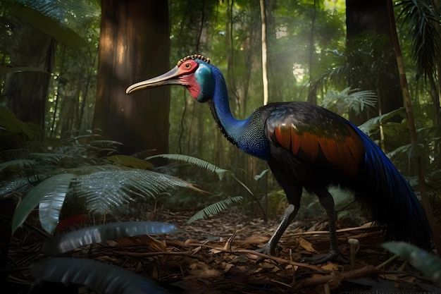 Um pássaro em uma floresta tropical com cabeça vermelha e penas azuis.