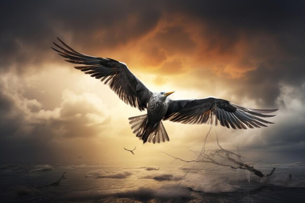 Um pássaro em voo contra um céu nublado dramático IA generativa