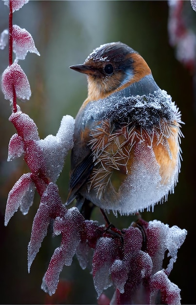 Um pássaro está coberto de neve e tem geada.