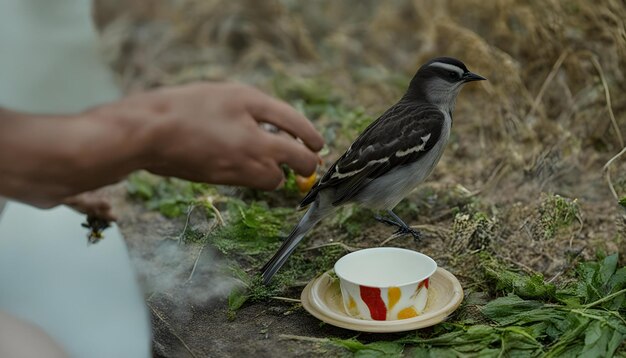 Foto um pássaro está comendo de um copo e uma pessoa está alimentando-o