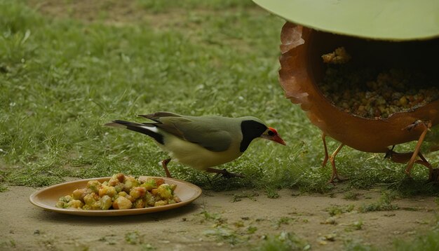 um pássaro está comendo de um prato de comida no chão