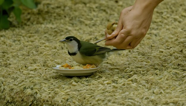 Foto um pássaro está comendo de um prato de comida