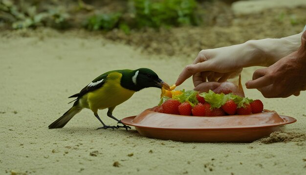 Foto um pássaro está comendo de um prato de frutas e uma pessoa está alimentando-o