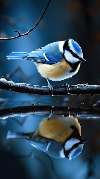 um pássaro está de pé em um galho com o reflexo dele