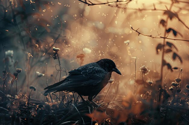 Foto um pássaro está de pé em uma rocha na grama
