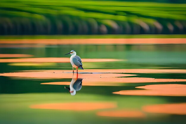 Um pássaro está de pé na água com um reflexo de arroz na água