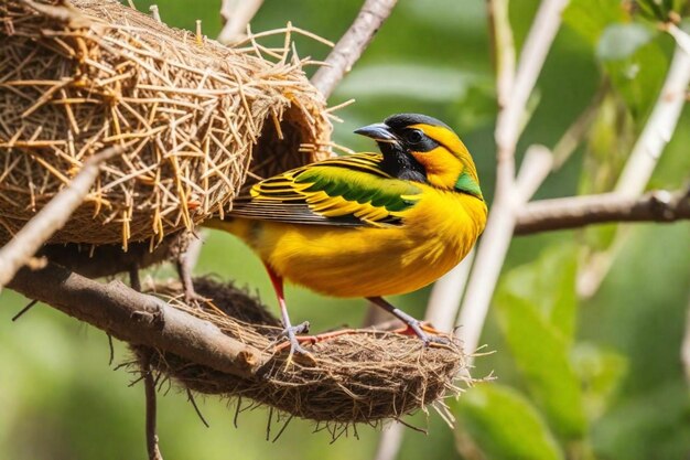 um pássaro está empoleirado em um ninho com um fundo de folhas verdes