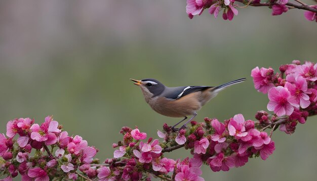 Foto um pássaro está empoleirado em um ramo com flores cor-de-rosa