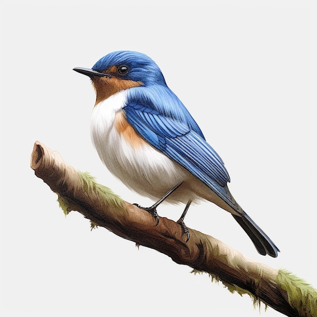 um pássaro está sentado em um galho com um pássaro azul e branco nele.