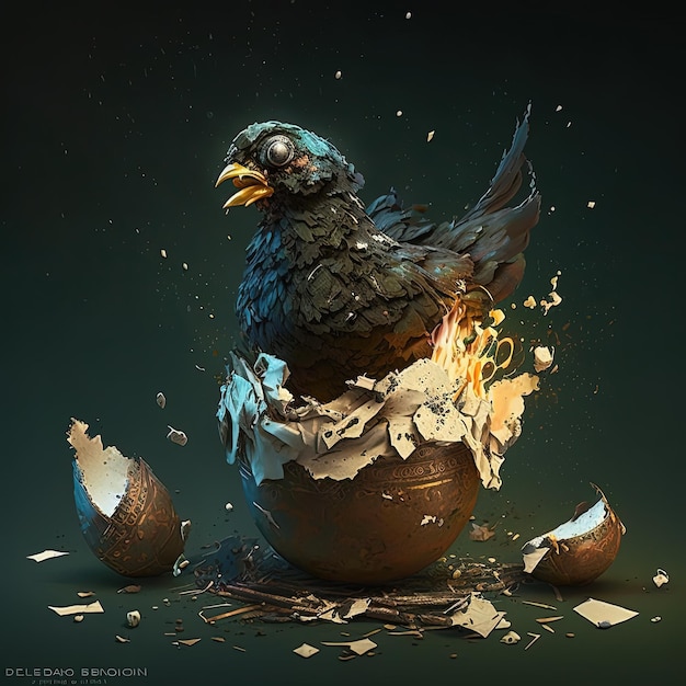 Um pássaro está sentado em um ovo com o bico aberto.