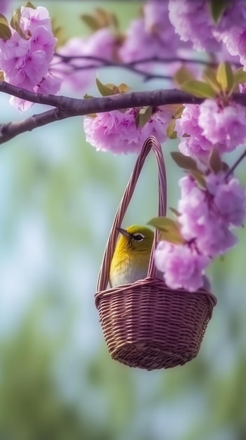 Um pássaro está sentado em uma cesta pendurada em uma árvore.