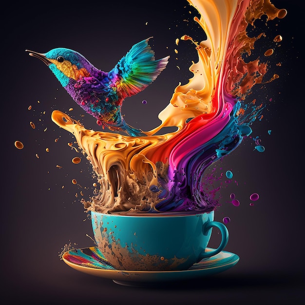 Um pássaro está voando sobre uma xícara de café e um pouco de tinta está sendo derramado sobre ela.