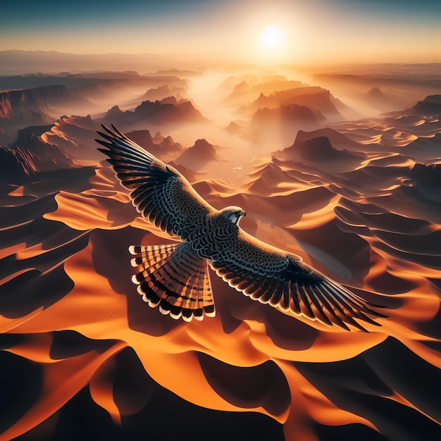Foto um pássaro falcão voando no céu e uma bela imagem de natureza ai da tarde