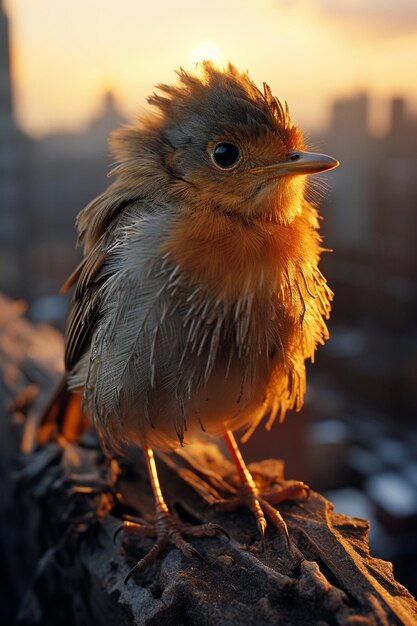 Foto um pássaro fofo sentado no galho de uma árvore ao pôr do sol gera ia