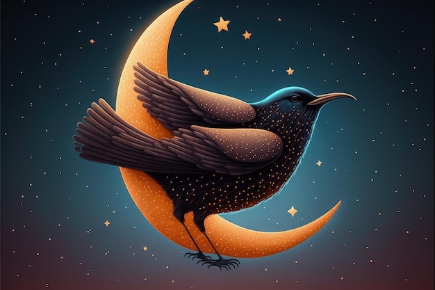 Um pássaro gordo colossal voando pelos céus noturnos ao lado de uma lua crescente Conceito de fantasia Ilustração pintura IA generativa