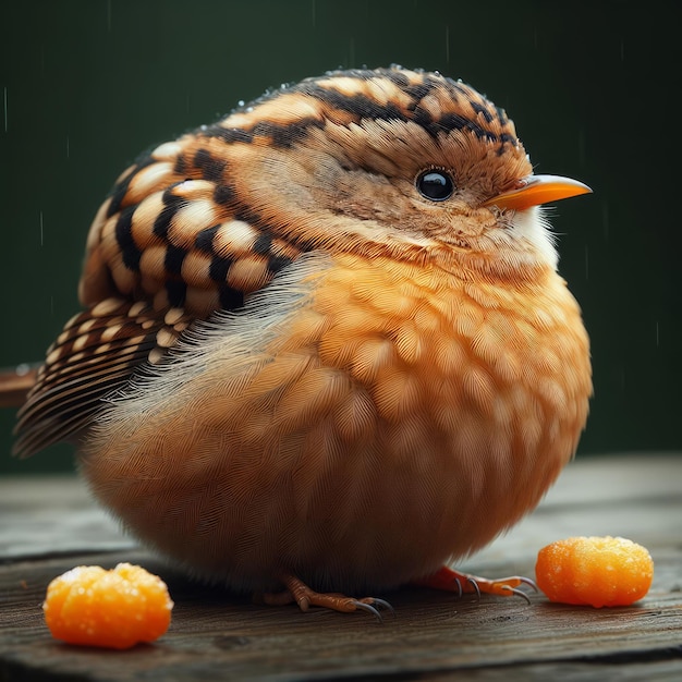 Um pássaro gordo com intrincados padrões de penas senta-se ao lado da comida, exalando calor em meio à chuva.