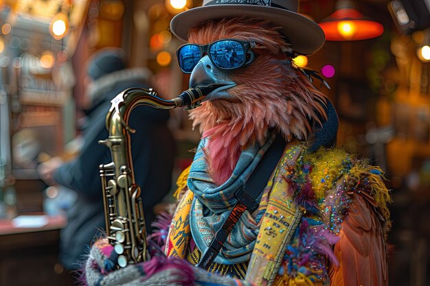 Foto um pássaro humano colorido tocando saxofone em avifauna fumando clube de jazz de copacaban harlem distrito preto cheio de pássaros gangsters de má aparência como águias ou flamingos desenho animado manga anime