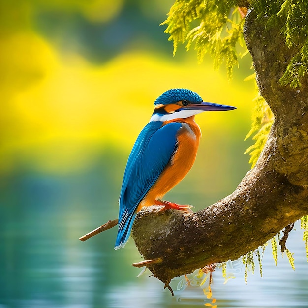 Um pássaro Kingfisher está caçando peixes