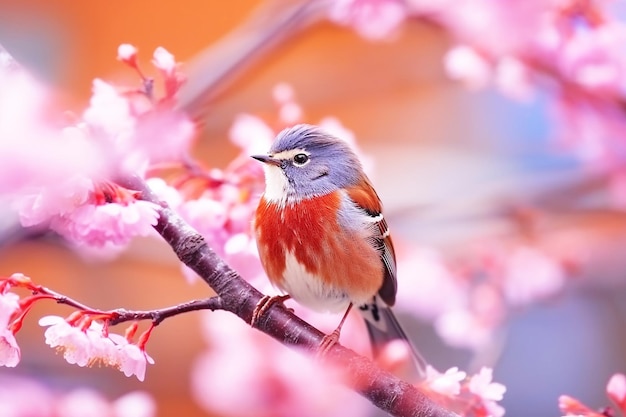 Foto um pássaro lindo no galho com uma flor rosa.