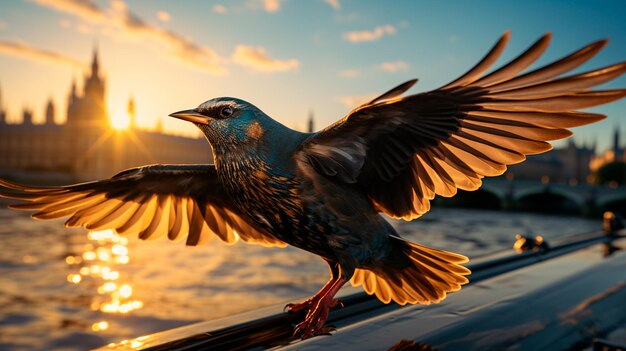 Foto um pássaro lindo voando sobre a água