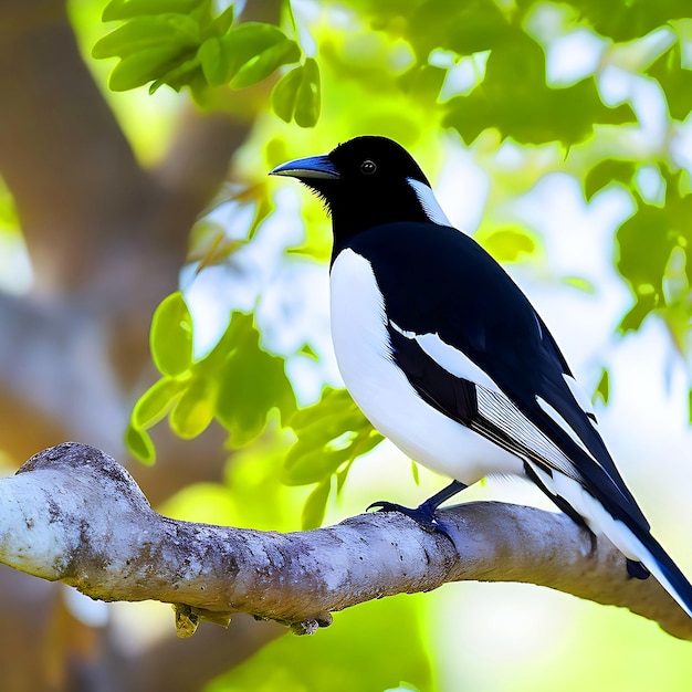 Foto um pássaro magpie está sentado em um galho de árvore