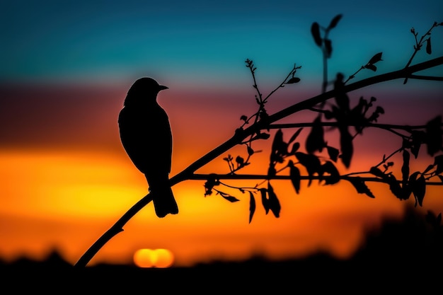 Um pássaro mostrado em silhueta contra um pôr do sol colorido