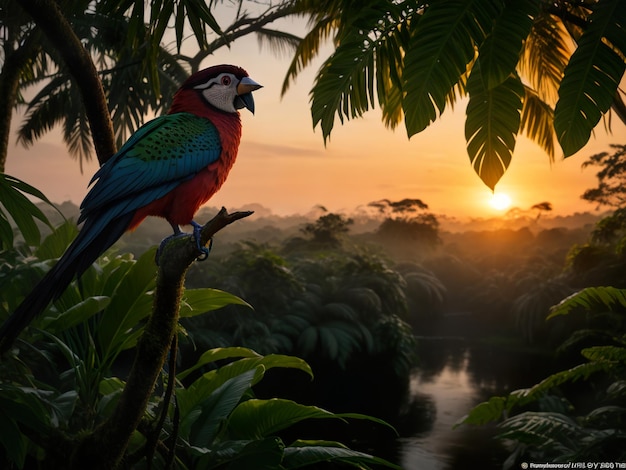 Um pássaro no pôr-do-sol da floresta tropical natural