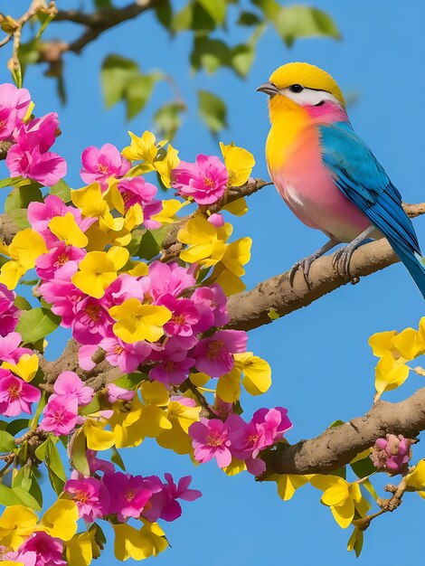 Foto um pássaro papagaio colorido senta-se em um ramo de flores rosa roxas geradas pela ia