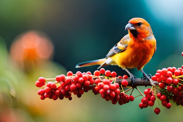 Um pássaro pousa em um galho com frutas vermelhas ao fundo.