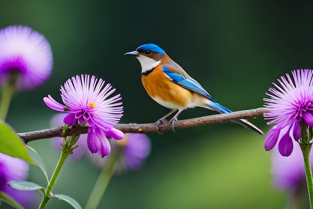 Um pássaro pousa em um galho com uma flor roxa ao fundo.