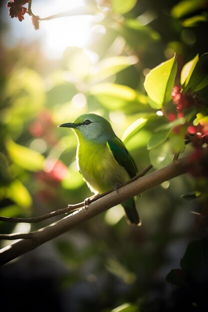 Um pássaro pousa em um galho de uma árvore com o sol brilhando por entre as folhas.