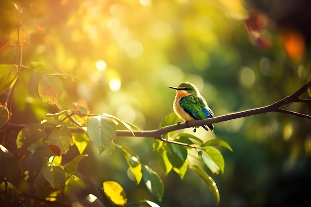 Um pássaro pousa em um galho de uma árvore com o sol brilhando sobre ele.