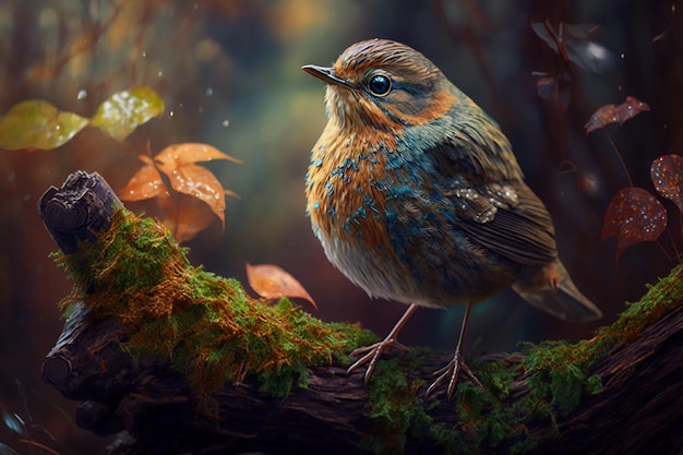 Um pássaro pousa em um galho na floresta.