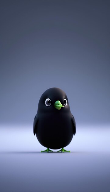 Um pássaro preto com olhos verdes e nariz verde senta-se sobre um fundo cinza.